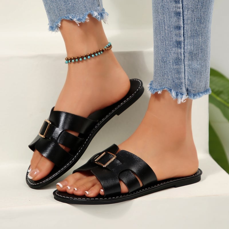 Ženske papuče s jednim remenom — PU gornji dio, PU potplat, casual stil, ravni potplat