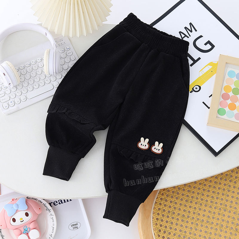 Lányoknak tervezett fleece-bevonatú, lazán szabott koreai stílusú sportnadrág csipkés szegéllyel, újszülötteknek 0–12 hónap, tavasz–ősz