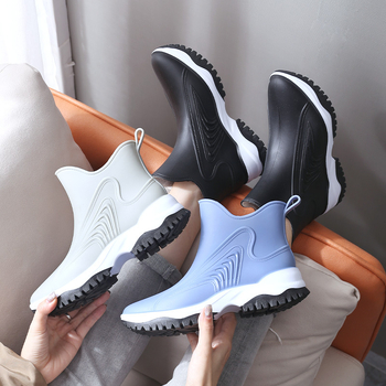 Ghete de ploaie din PVC pentru femei cu talpă groasă, model color-block, glezna scurtă, toc plat, anti-derapare, pentru toate sezoanele