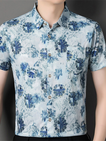 Мъжка риза с флорална шарка, къс ръкав, яка лацкан, свободна кройка, полиестрова смес, дишаща