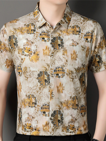 Мъжка риза с флорална шарка, къс ръкав, яка лацкан, свободна кройка, полиестрова смес, дишаща