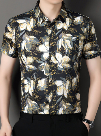 Мъжка риза с флорална шарка, къс ръкав, яка лацкан, свободна кройка, полиестрова смес, дишаща
