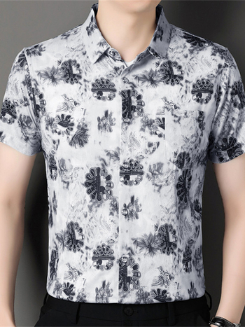 Мъжка риза с флорална шарка, къс ръкав, яка лацкан, свободна кройка, полиестрова смес, дишаща