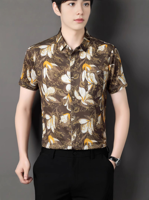 Мъжка риза с флорална шарка, къс ръкав, яка лацкан, свободна кройка, полиестрова смес, дишаща