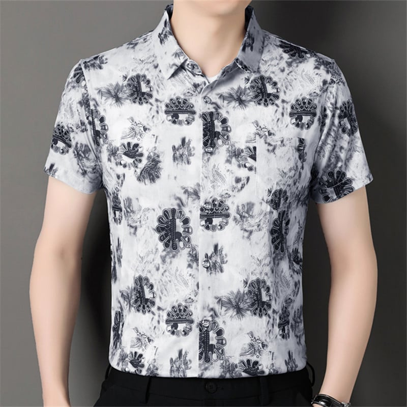 Мъжка риза с флорална шарка, къс ръкав, яка лацкан, свободна кройка, полиестрова смес, дишаща