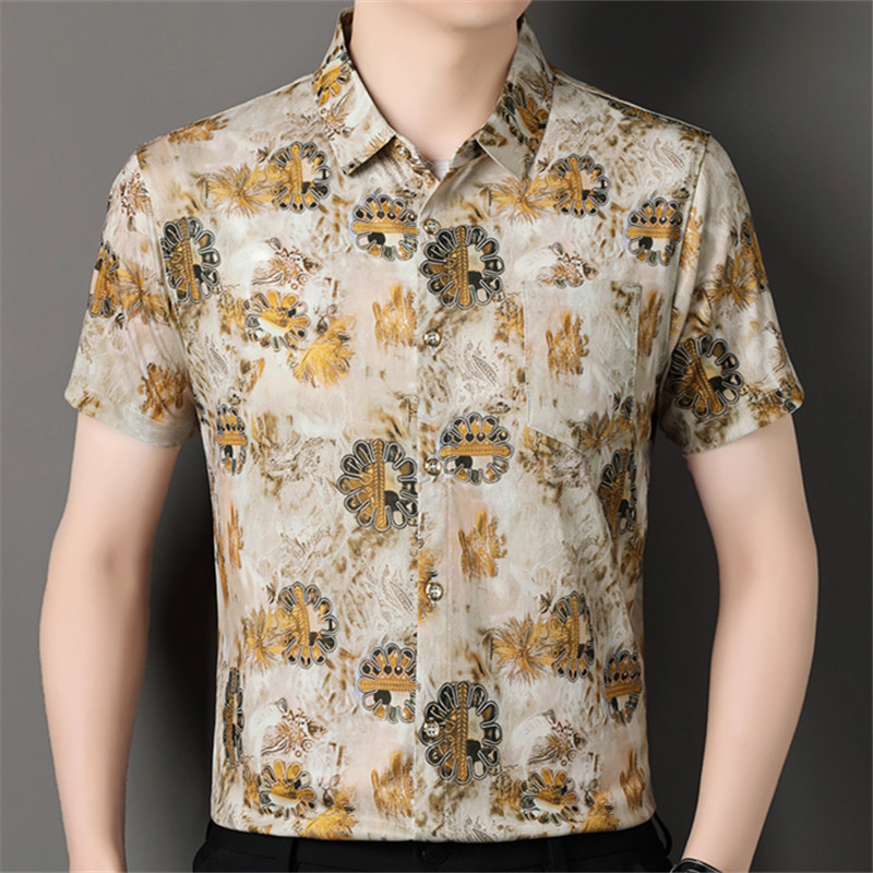 Мъжка риза с флорална шарка, къс ръкав, яка лацкан, свободна кройка, полиестрова смес, дишаща