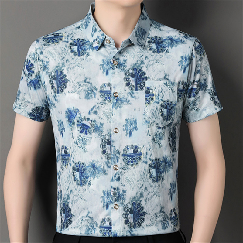 Мъжка риза с флорална шарка, къс ръкав, яка лацкан, свободна кройка, полиестрова смес, дишаща