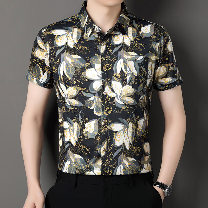 Мъжка риза с флорална шарка, къс ръкав, яка лацкан, свободна кройка, полиестрова смес, дишаща