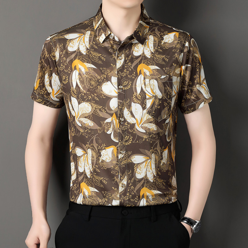 Мъжка риза с флорална шарка, къс ръкав, яка лацкан, свободна кройка, полиестрова смес, дишаща