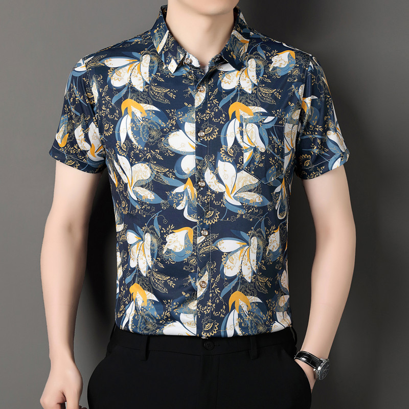 Мъжка риза с флорална шарка, къс ръкав, яка лацкан, свободна кройка, полиестрова смес, дишаща
