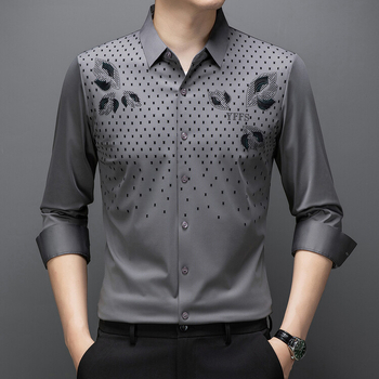 Cămașă bărbătească cu mânecă lungă, model flocat cu frunze, guler rever, amestec poliester, fără călcare, croială strânsă, stil casual cardigan