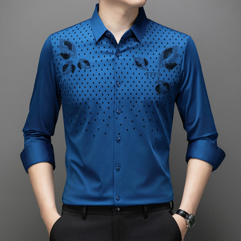 Cămașă bărbătească cu mânecă lungă, model flocat cu frunze, guler rever, amestec poliester, fără călcare, croială strânsă, stil casual cardigan