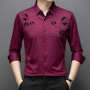 Cămașă bărbătească cu mânecă lungă, model flocat cu frunze, guler rever, amestec poliester, fără călcare, croială strânsă, stil casual cardigan