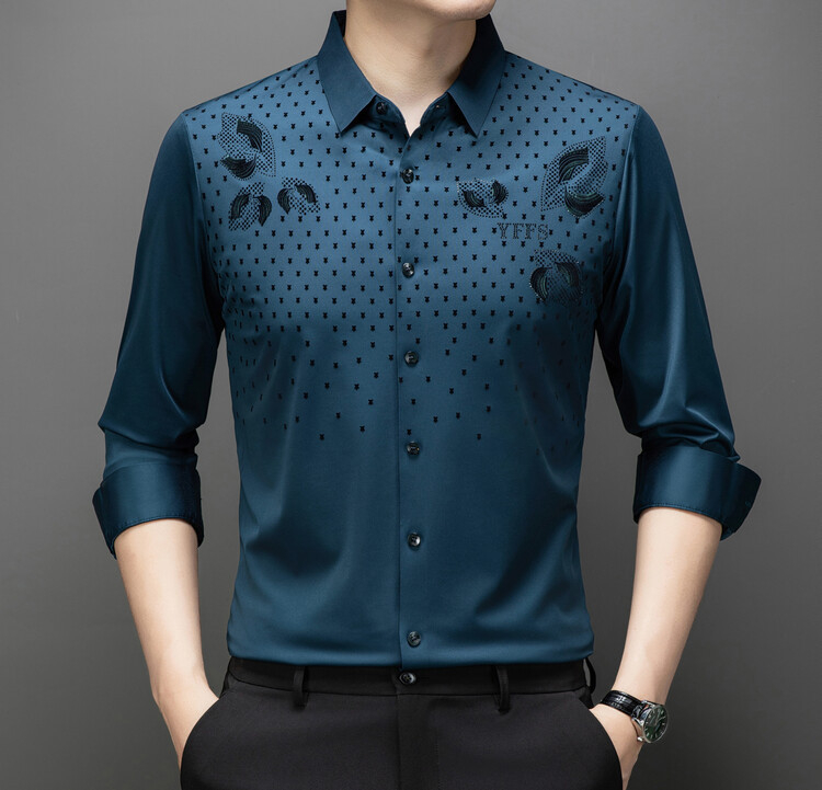 Cămașă bărbătească cu mânecă lungă, model flocat cu frunze, guler rever, amestec poliester, fără călcare, croială strânsă, stil casual cardigan