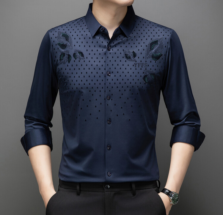 Cămașă bărbătească cu mânecă lungă, model flocat cu frunze, guler rever, amestec poliester, fără călcare, croială strânsă, stil casual cardigan