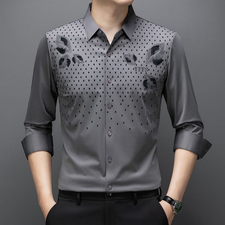 Cămașă bărbătească cu mânecă lungă, model flocat cu frunze, guler rever, amestec poliester, fără călcare, croială strânsă, stil casual cardigan