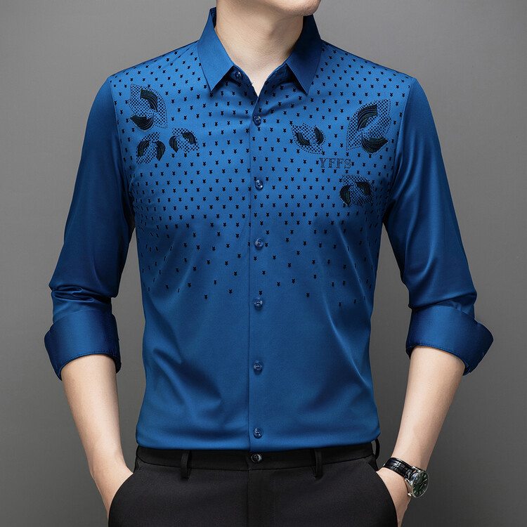 Cămașă bărbătească cu mânecă lungă, model flocat cu frunze, guler rever, amestec poliester, fără călcare, croială strânsă, stil casual cardigan