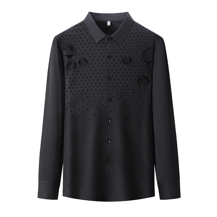 Cămașă bărbătească cu mânecă lungă, model flocat cu frunze, guler rever, amestec poliester, fără călcare, croială strânsă, stil casual cardigan