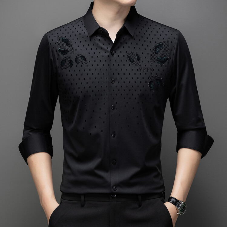 Cămașă bărbătească cu mânecă lungă, model flocat cu frunze, guler rever, amestec poliester, fără călcare, croială strânsă, stil casual cardigan