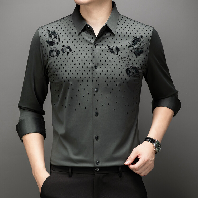 Cămașă bărbătească cu mânecă lungă, model flocat cu frunze, guler rever, amestec poliester, fără călcare, croială strânsă, stil casual cardigan