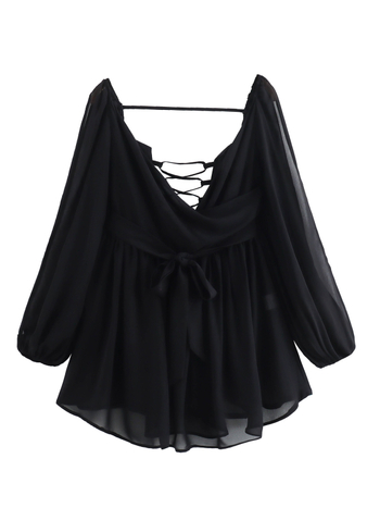 Рокля от полиестер с V-образно деколте, фонарен ръкав, висока талия