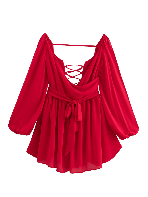 Рокля от полиестер с V-образно деколте, фонарен ръкав, висока талия