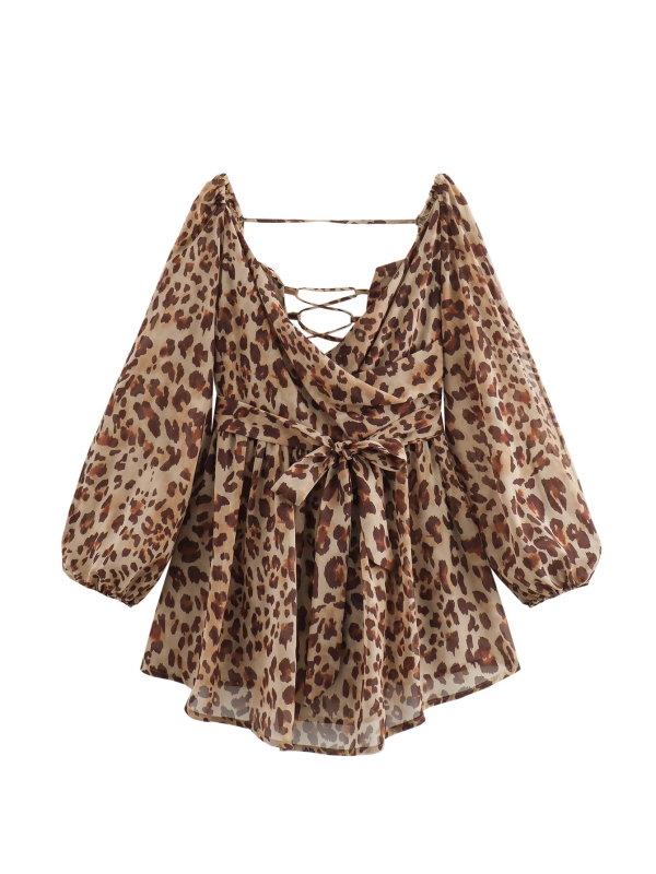 Рокля от полиестер с V-образно деколте, фонарен ръкав, висока талия