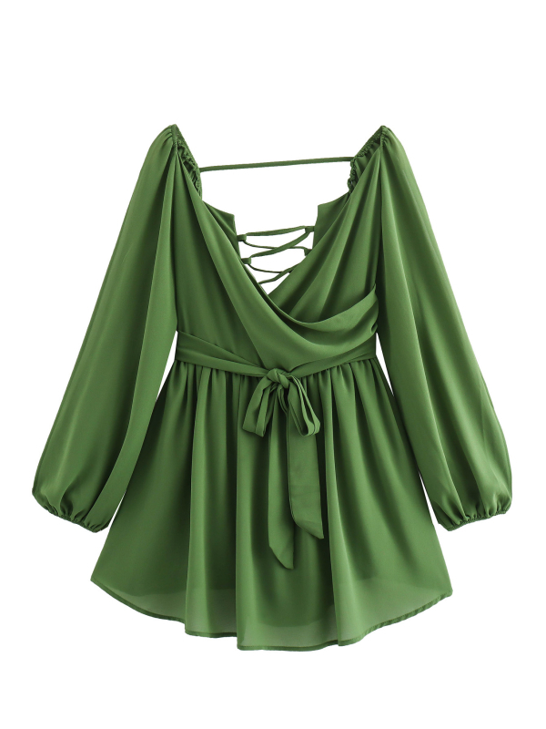 Рокля от полиестер с V-образно деколте, фонарен ръкав, висока талия