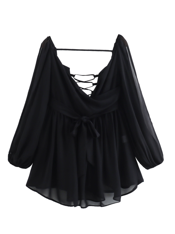 Рокля от полиестер с V-образно деколте, фонарен ръкав, висока талия