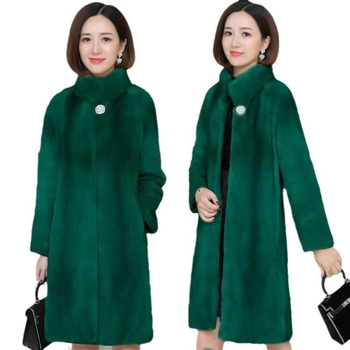 Női középhosszú műszőrmés kabát, álló gallérral, hosszú ujjú, imitációs szőrméből, koreai városi stílus