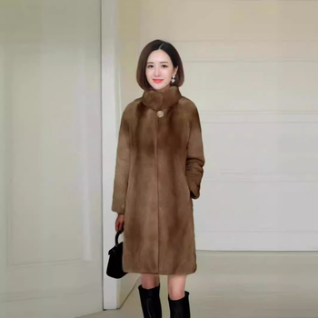 Női középhosszú műszőrmés kabát, álló gallérral, hosszú ujjú, imitációs szőrméből, koreai városi stílus