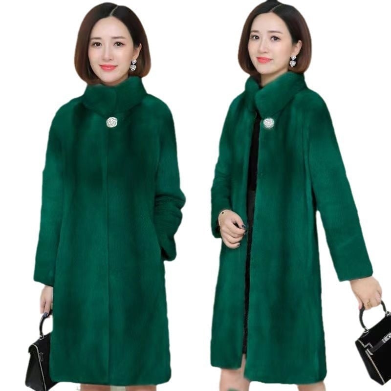 Női középhosszú műszőrmés kabát, álló gallérral, hosszú ujjú, imitációs szőrméből, koreai városi stílus