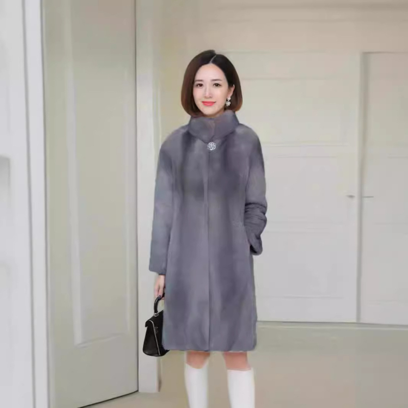 Női középhosszú műszőrmés kabát, álló gallérral, hosszú ujjú, imitációs szőrméből, koreai városi stílus