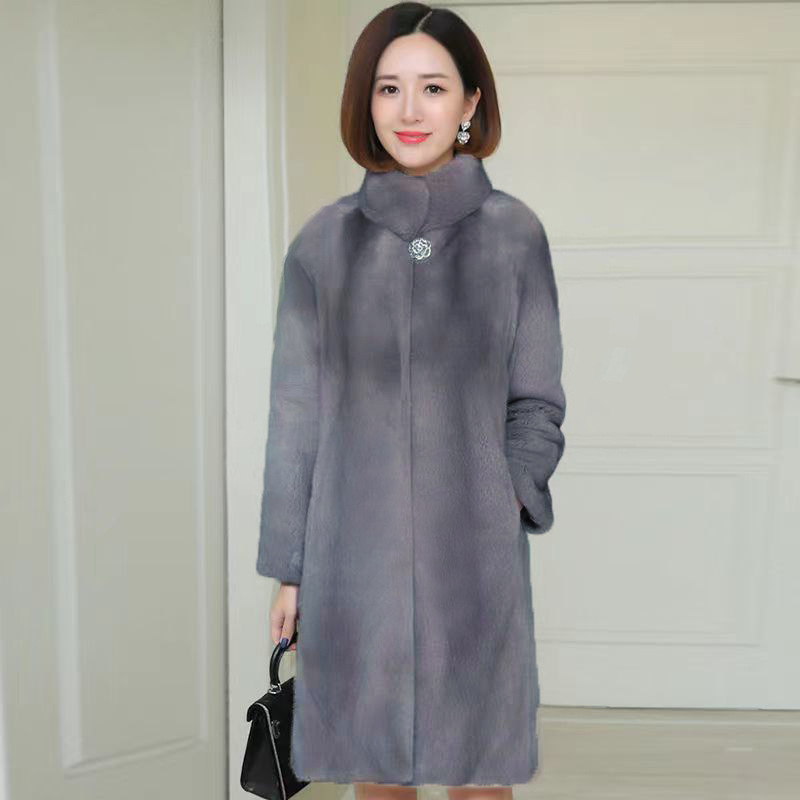 Női középhosszú műszőrmés kabát, álló gallérral, hosszú ujjú, imitációs szőrméből, koreai városi stílus