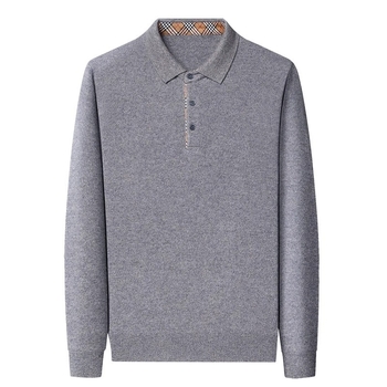 Férfi 100% kasmír galléros polo pulóver, vast kötés, hosszú ujjú, jacquard