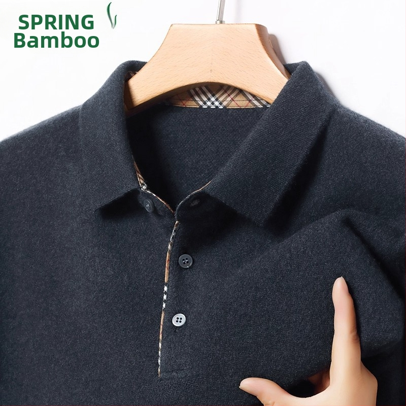 Pánsky sveter z 100% kašmíru, polo s golierom, hrubé pletenie, dlhé rukávy, jacquard