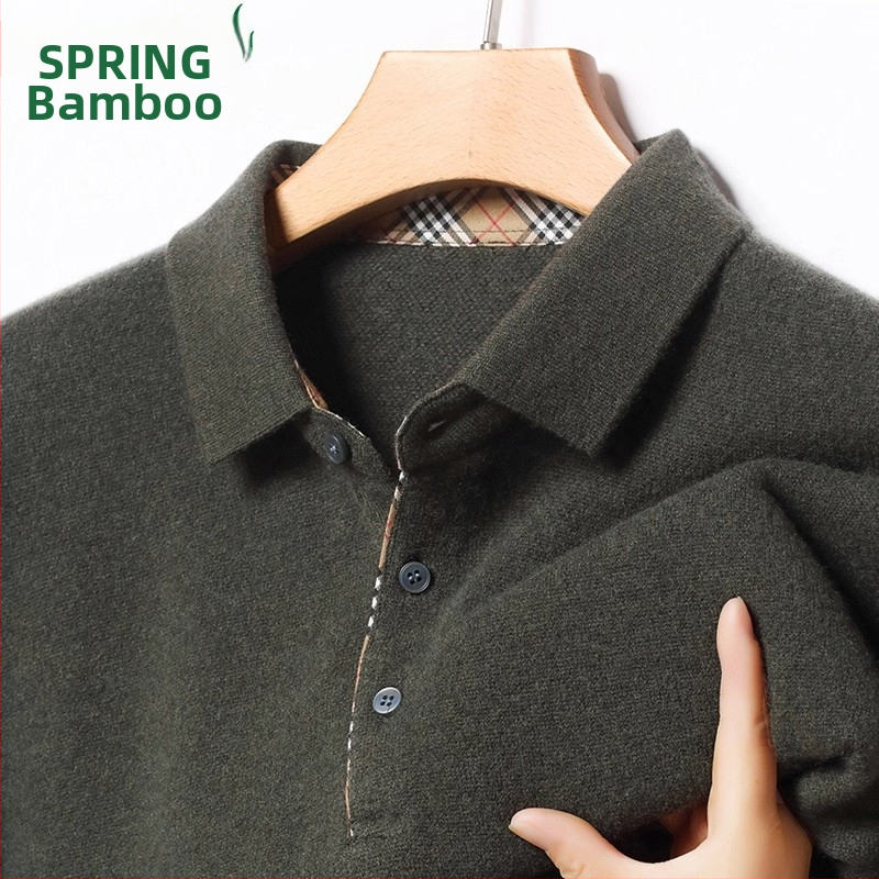 Pánsky sveter z 100% kašmíru, polo s golierom, hrubé pletenie, dlhé rukávy, jacquard
