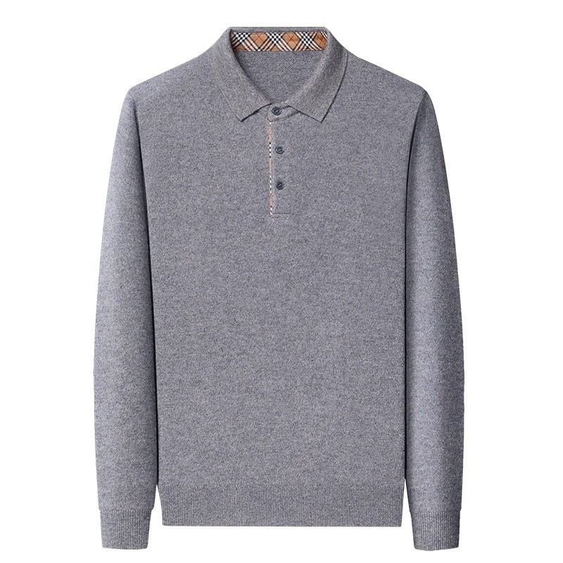 Férfi 100% kasmír galléros polo pulóver, vast kötés, hosszú ujjú, jacquard