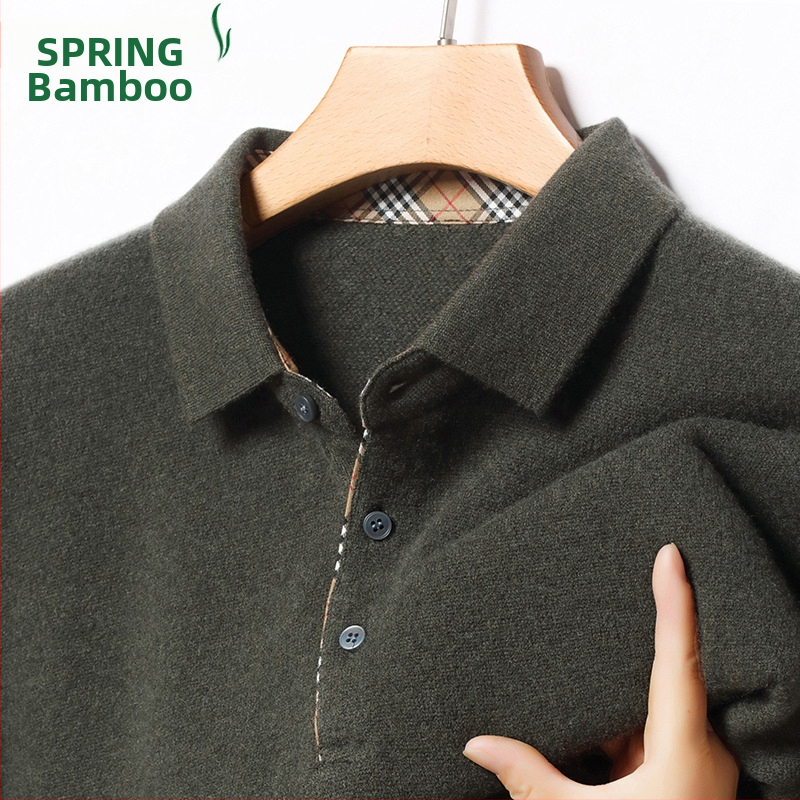 Férfi 100% kasmír galléros polo pulóver, vast kötés, hosszú ujjú, jacquard