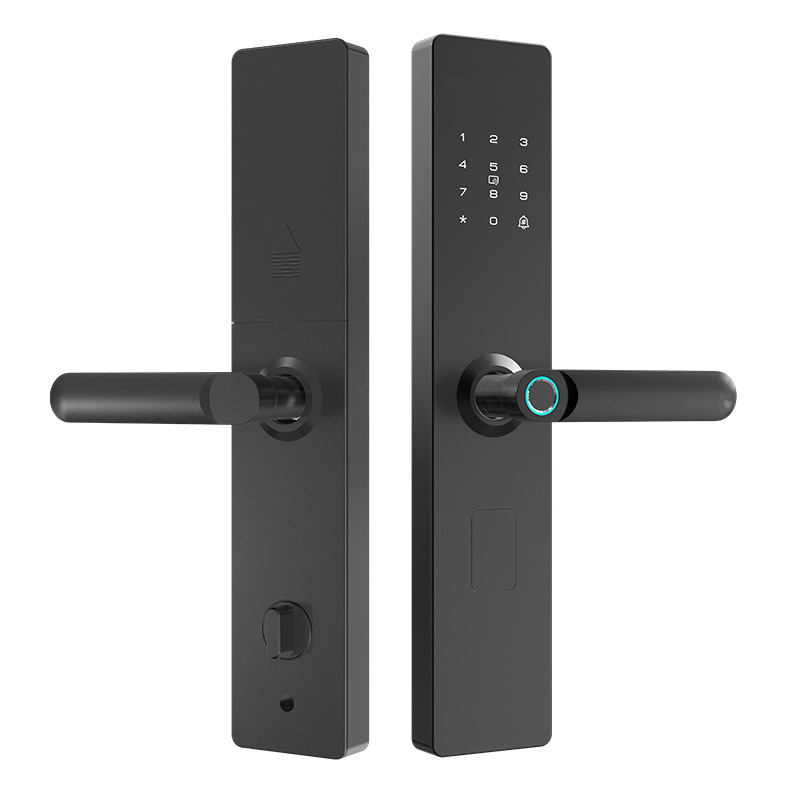 Smart zámok na dvere s otlačkom prsta, heslom a diaľkovým odomknutím – polautomatický, panel a rukoväť z hliníkovej zliatiny, model HD-S07, 300 uložených odtlačkov, skenovanie <0,1 s, FAR <0,000004%, vhodný pre vstupné dvere