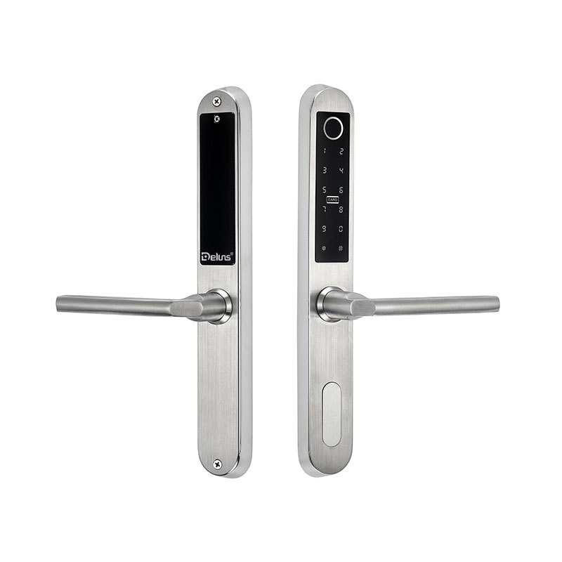 Alumínium keskeny ajtóhoz; kétoldalas zár ujjlenyomat, jelszó és kártya hozzáféréssel – hotel/apartman használatra, Modell FT01, 200 ujjlenyomat tárolás