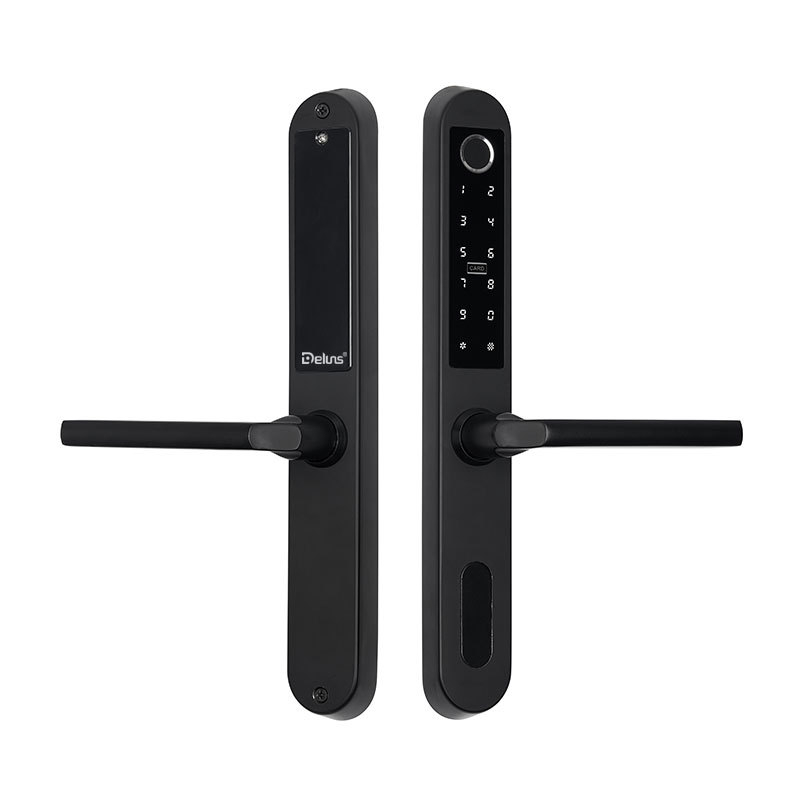 Alumínium keskeny ajtóhoz; kétoldalas zár ujjlenyomat, jelszó és kártya hozzáféréssel – hotel/apartman használatra, Modell FT01, 200 ujjlenyomat tárolás