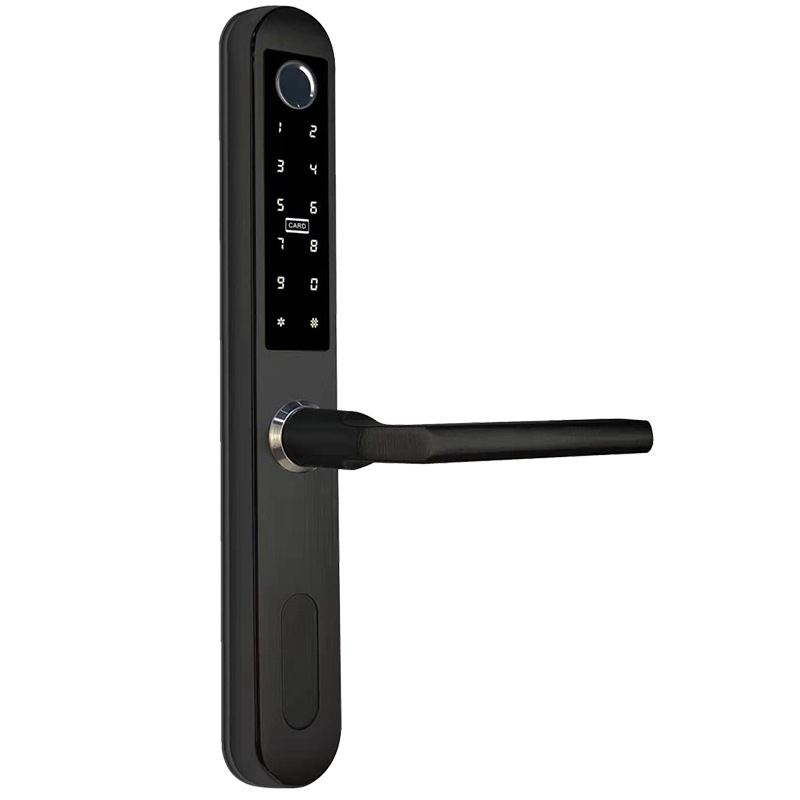 Alumínium keskeny ajtóhoz; kétoldalas zár ujjlenyomat, jelszó és kártya hozzáféréssel – hotel/apartman használatra, Modell FT01, 200 ujjlenyomat tárolás