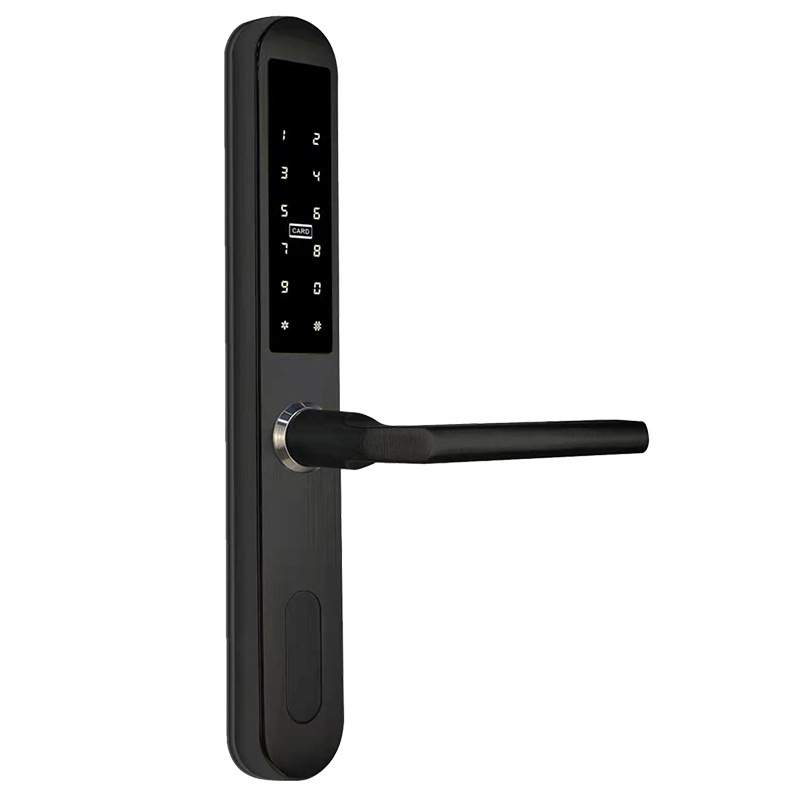 Alumínium keskeny ajtóhoz; kétoldalas zár ujjlenyomat, jelszó és kártya hozzáféréssel – hotel/apartman használatra, Modell FT01, 200 ujjlenyomat tárolás