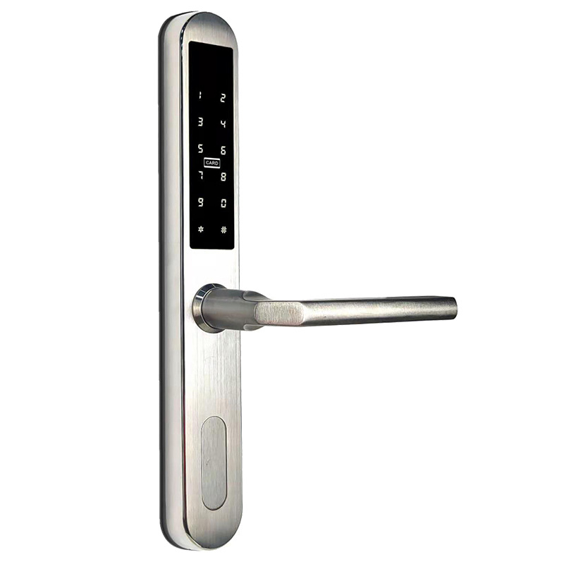 Alumínium keskeny ajtóhoz; kétoldalas zár ujjlenyomat, jelszó és kártya hozzáféréssel – hotel/apartman használatra, Modell FT01, 200 ujjlenyomat tárolás