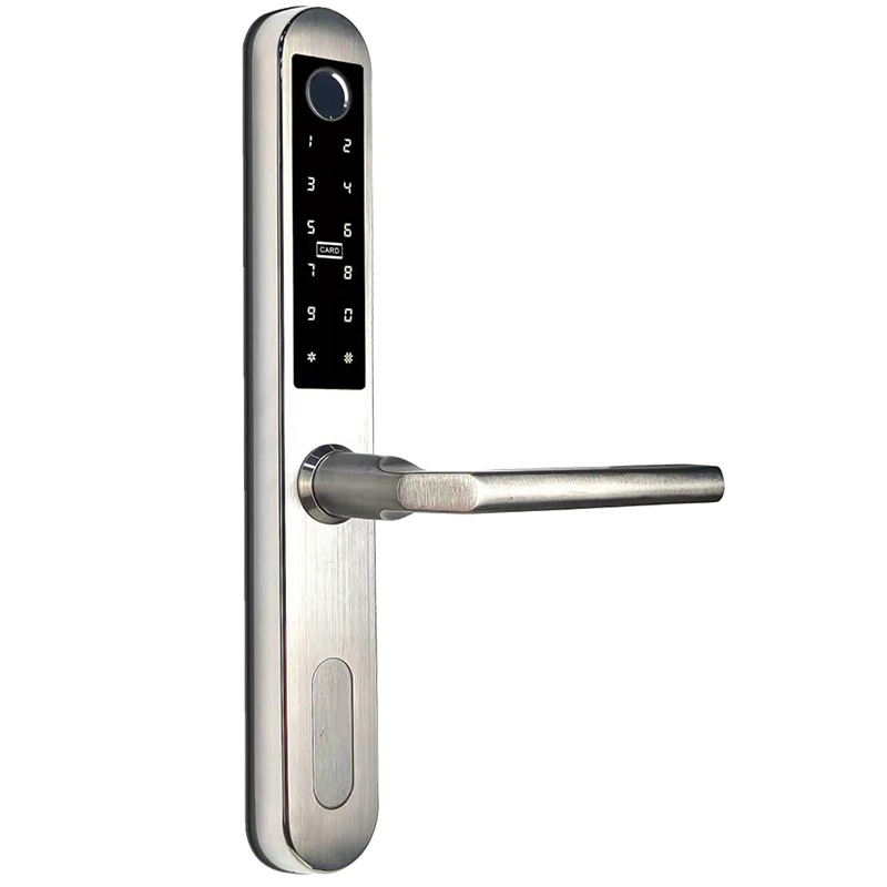 Alumínium keskeny ajtóhoz; kétoldalas zár ujjlenyomat, jelszó és kártya hozzáféréssel – hotel/apartman használatra, Modell FT01, 200 ujjlenyomat tárolás