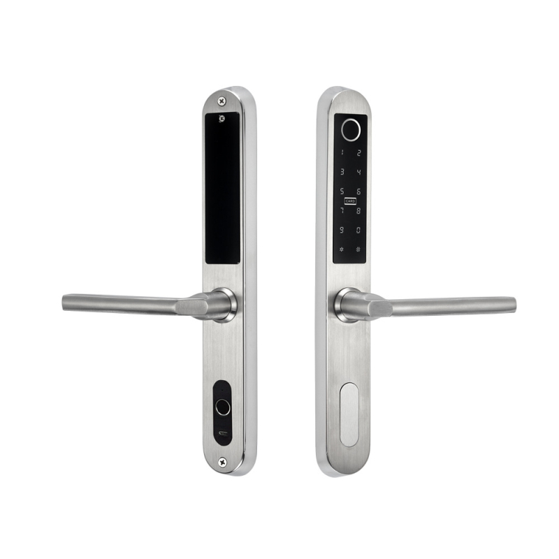 Alumínium keskeny ajtóhoz; kétoldalas zár ujjlenyomat, jelszó és kártya hozzáféréssel – hotel/apartman használatra, Modell FT01, 200 ujjlenyomat tárolás