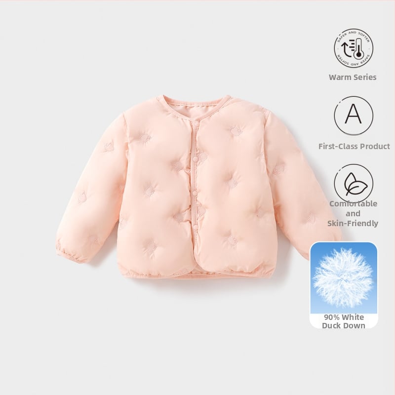 Gyerekeknek szóló pehelydzseki, uniszex, 81-85% fehér kacsa pehely, rövid fazon, laza illeszkedés, poliészter külső és bélés