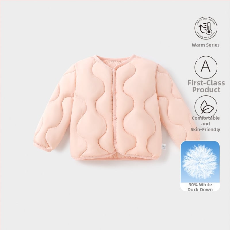 Gyerekeknek szóló pehelydzseki, uniszex, 81-85% fehér kacsa pehely, rövid fazon, laza illeszkedés, poliészter külső és bélés