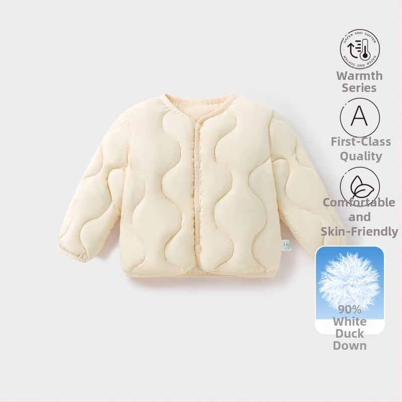 Gyerekeknek szóló pehelydzseki, uniszex, 81-85% fehér kacsa pehely, rövid fazon, laza illeszkedés, poliészter külső és bélés